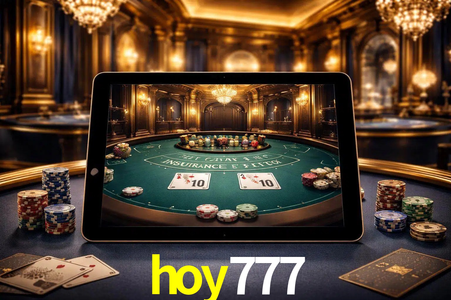 Configuración moderna de casino en vivo con una tableta mostrando una mesa de blackjack, luces cálidas de estudio y una atmósfera elegante de juegos digitales.