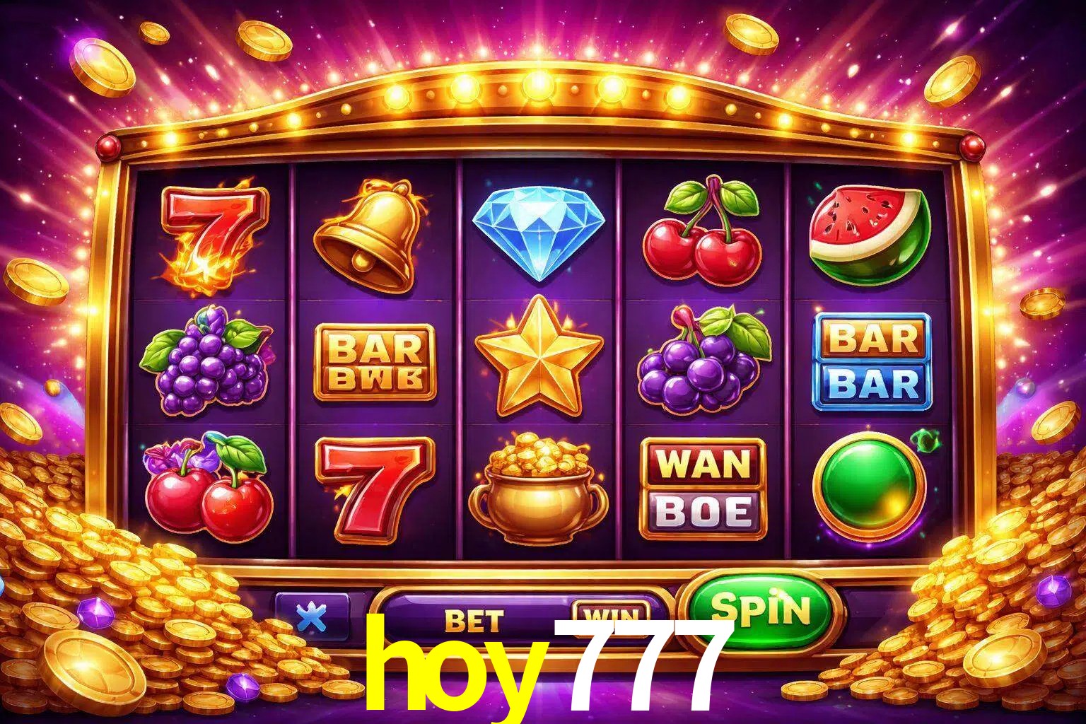 Una interfaz colorida de tragamonedas en línea con símbolos brillantes, monedas y un efecto de victoria celebratoria en hoy777.